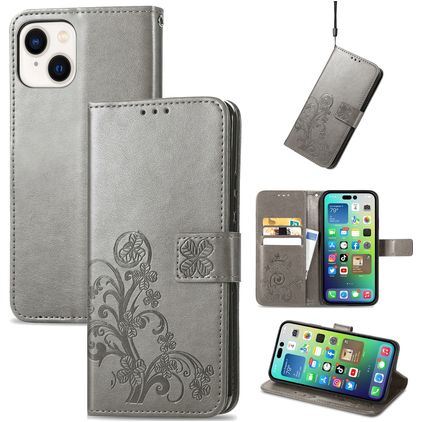 Mobigear Clover iPhone 15 Plus Hülle Klapphülle Geldbörse - Grau