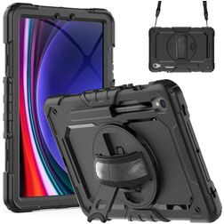 Mobigear SureGrip Xtreme Samsung Galaxy Tab S9 Hülle Kunststoff,Silikon Backcover + Stifthalter + Schulterträger + Ständer - Schwarz