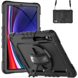 Mobigear SureGrip Xtreme Samsung Galaxy Tab S9 FE Plus Hülle Kunststoff,Silikon Backcover + Stifthalter + Schulterträger + Ständer - Schwarz
