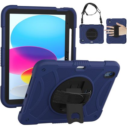 Mobigear SureGrip iPad 10 (2022) Hülle Kunststoff,Silikon Backcover + Stifthalter + Schulterträger + Ständer - Schwarz / Blau