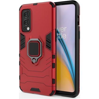 Mobigear Armor Ring OnePlus Nord 2 Hülle Hardcase Backcover Stoßfest mit Ringhalter - Rot