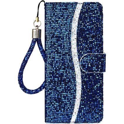 Mobigear Glitter iPhone 12 Hülle Klapphülle Geldbörse - Blau