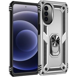 Mobigear Armor Ring Motorola Moto G82 Hülle Hardcase Backcover Stoßfest mit Ringhalter - Silber