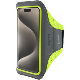Mobiparts Comfort Fit Handyhalterung Joggen iPhone 15 Pro Sporthülle Neopren Sportarmband - Neon Green
