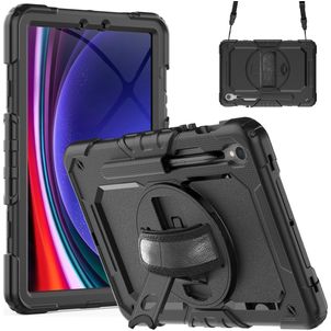 Mobigear SureGrip Xtreme Samsung Galaxy Tab S9 Hülle Kunststoff,Silikon Backcover + Stifthalter + Schulterträger + Ständer - Schwarz